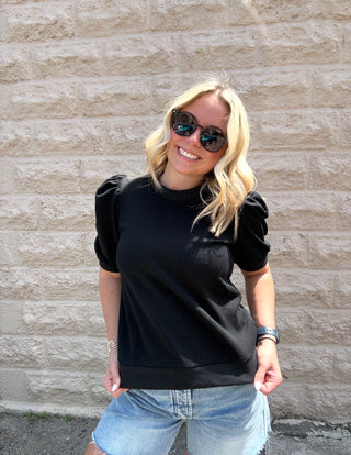 Crew Neck Short Puff Sleeves Knit Top Black