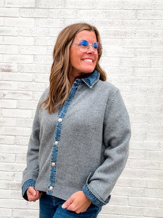 Denim Trim Sweater Shirt - Lt Grey/Denim by Dex