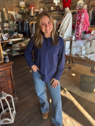 Long Sleeve Knit Button Down Navy