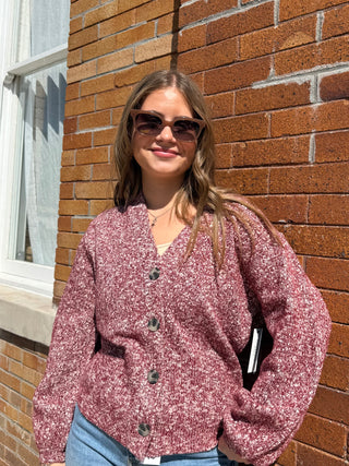Button Front Cardigan Sweater Maroon Melange