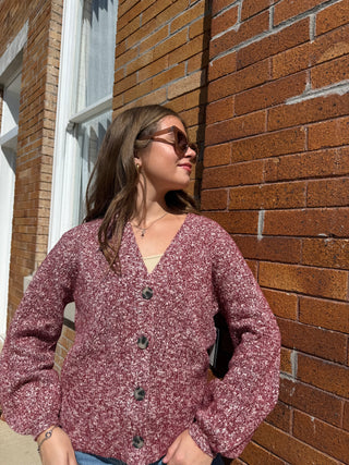 Button Front Cardigan Sweater Maroon Melange
