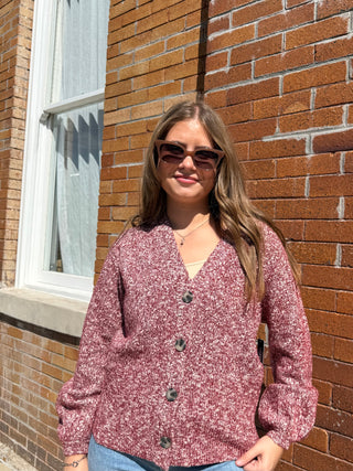 Button Front Cardigan Sweater Maroon Melange