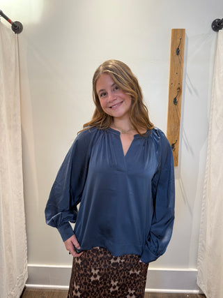 Silky Vneck French Blue Blouse by Pinch