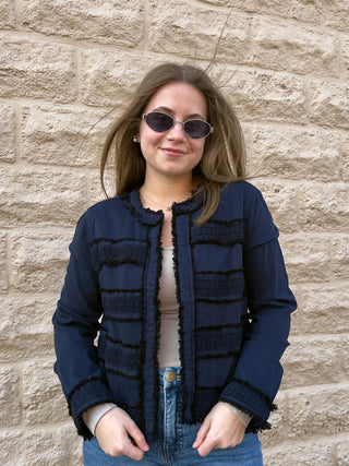 Collarless Jacket with Fray Accent Deep Navy by Liverpool