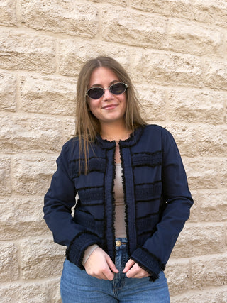 Collarless Jacket with Fray Accent Deep Navy by Liverpool