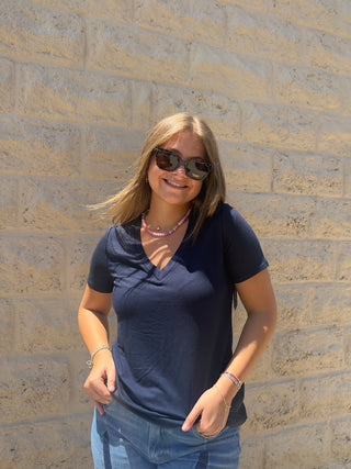 Short Sleeve V-neck Top by Liverpool Deep Navy