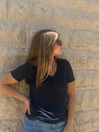 Short Sleeve V-neck Top by Liverpool Deep Navy