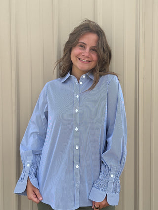 Adjustable Sleeve Button Front Woven Top by Liverpool Striped