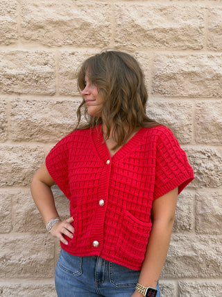 Waffle Texture Crop Cardigan Red