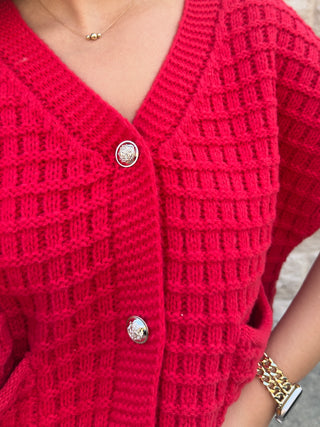 Waffle Texture Crop Cardigan Red
