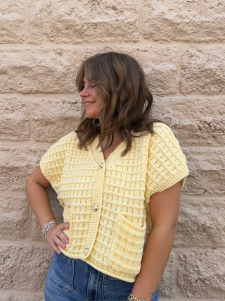 Waffle Texture Crop Cardigan Yellow