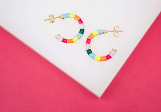 18K Gold Filled Colorful Enamel Open Hoop Stud Earrings (L55)