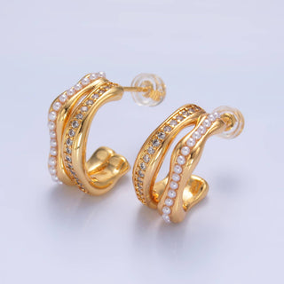 24K Gold Filled CZ Pearl Double Band C-Shaped Hoops