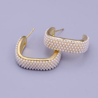 16K Gold Filled Pearl Lined Boxy C-Shaped Hoop Earrings