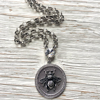 French bee statement coin necklace : Burnished silver