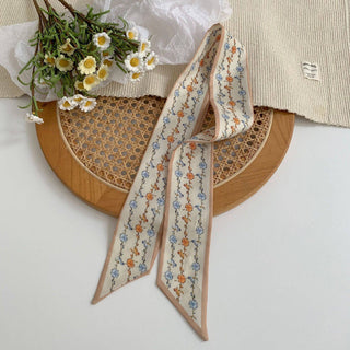 Floral Twilly Scarf ,Skinny Silk Hair Ribbon