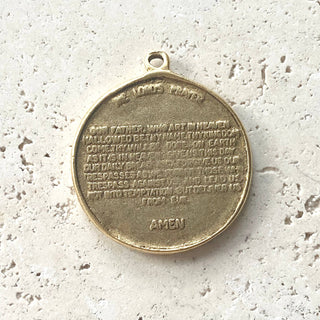 Coin medallion matte gold necklace Lord’s Prayer religious: Burnished silver