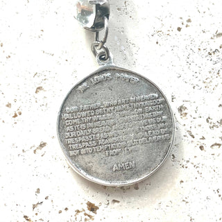 Coin medallion matte gold necklace Lord’s Prayer religious: Burnished silver
