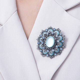 Vintage Antique Silver Flower Brooch Aqua Blue Turquoise Crystal Pin | BH-002