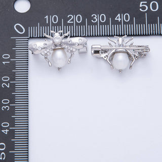 Silver 17mm x 24.5mm Clear CZ Faux Shell Pearl Bumble Bee Insect Pin Brooch | BH-011