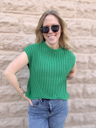 Green Rib Knit Sleeveless Sweater