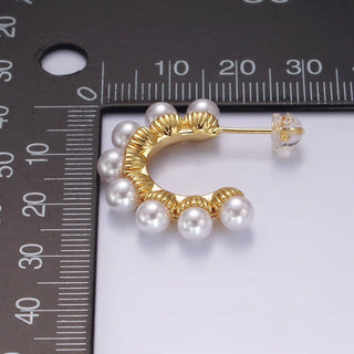 14K Gold Filled Pearl Dotted Lined C-Shaped Hoop Earrings | AE179