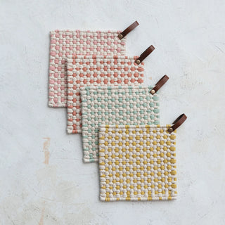 Cotton Crocheted Pot Holder w/ Leather Loop