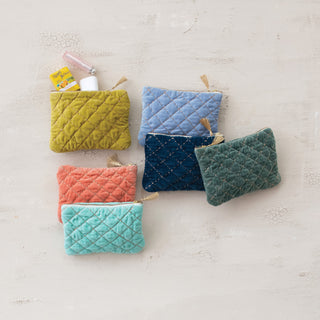 Quilted Cotton Velvet Zip Pouch w/ Metallic Thread Embroidery