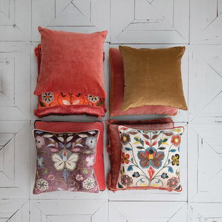Velvet Pillow w/ Embroidered Botanical Pattern, Piping