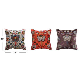 Velvet Pillow w/ Embroidered Botanical Pattern, Piping