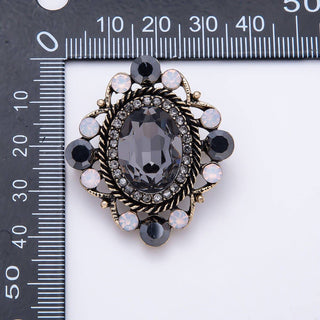 Vintage Gold 39mm Black Multicolor Rhinestone Oval Victorian Statement Pin Brooch | BH-00197