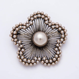 Vintage Gold 52mm Shell Pearl Beaded Lined Flower Pin Brooch | BH-00186