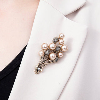 Vintage Gold 65mm Shell Pearl Rhinestone Paved Flower Bouquet Pin Brooch | BH-00180