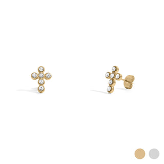 18K Gold PVD Stainless Steel Round Stone Cross Earrings