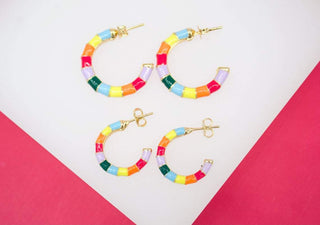 18K Gold Filled Colorful Enamel Open Hoop Stud Earrings (L55)