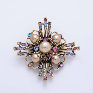 Vintage Gold 51mm x 38.5mm Multicolor Rhinestone Pearl Rhombus Pin Brooch | BH-080