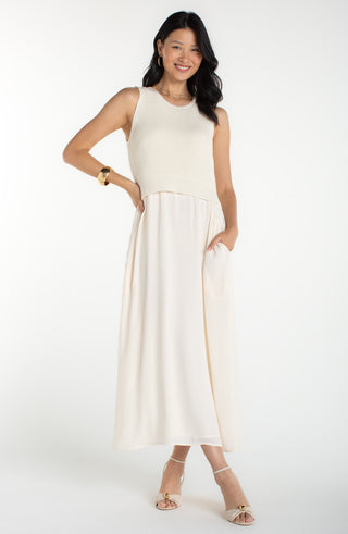 Sleeveless Sweater to Woven Dress in Cream by Liverpool