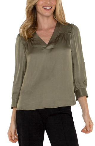 Pleated Neck Woven Blouse Spanish Olive