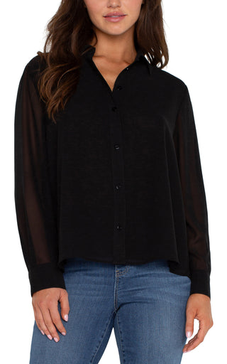 Long Sleeve Pleated Back Top Black