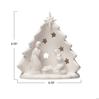 5.75"L x 5.75"H Stoneware Holy Family w Tree & Cut-Outs, Wht
