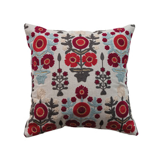 18" Square Cotton Chambray Pillow with Embroidered Floral Pattern