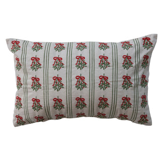 Cotton Lumbar Pillow with Mistletoe Pattern, Stripes & Embroidery