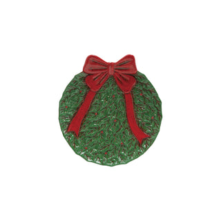 Hand-painted ceramic wreath shaped plate with bow in green and red by Creative Co-op – view 2