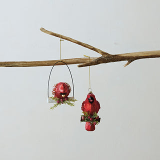 Glass cardinal on branch ornament with holly and sequins by Creative Co-op
