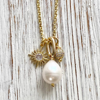 Pearl, sun, micro pave necklace : 18”